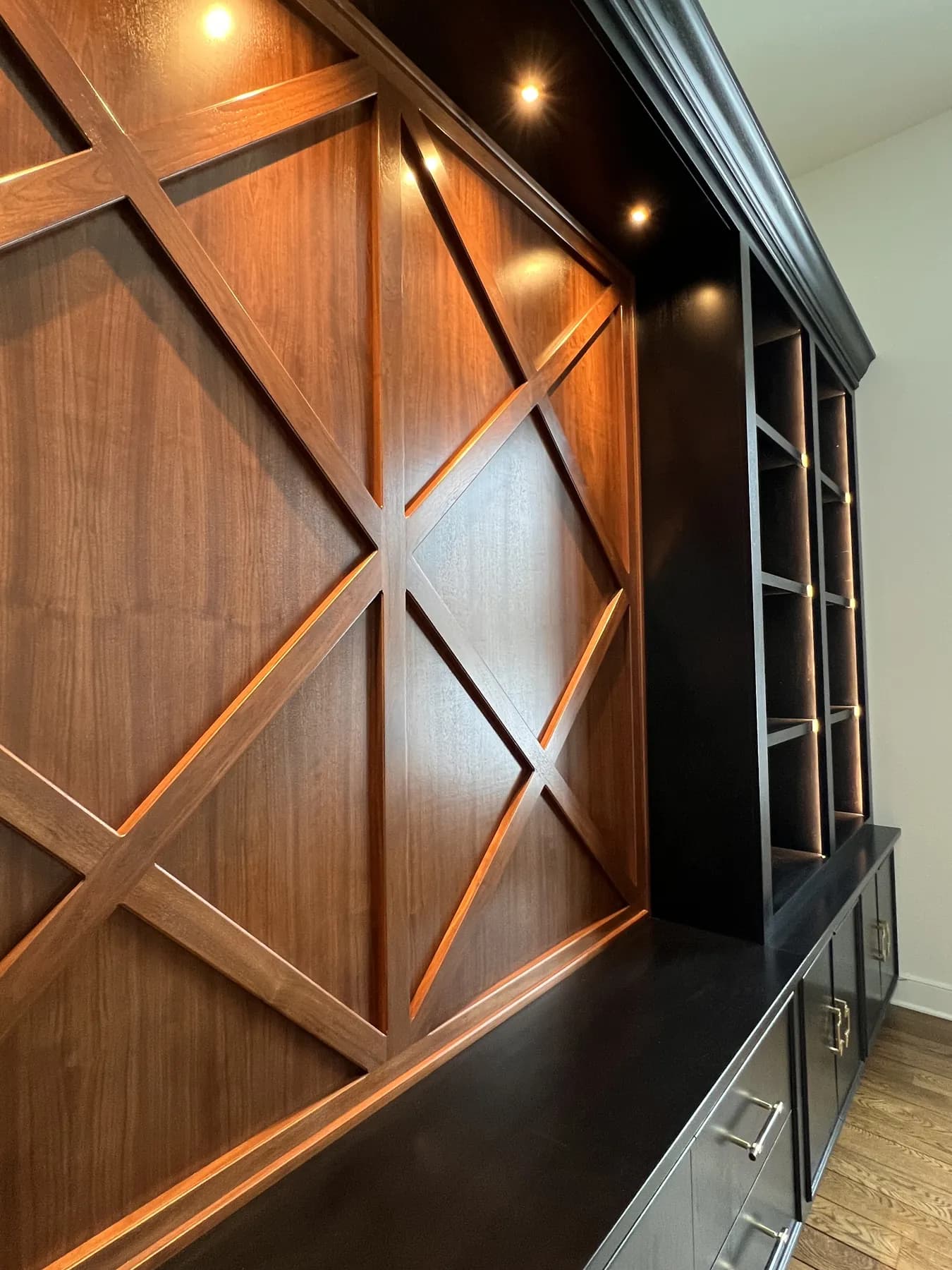 Detail of the stained lattice panel and its mitred joints