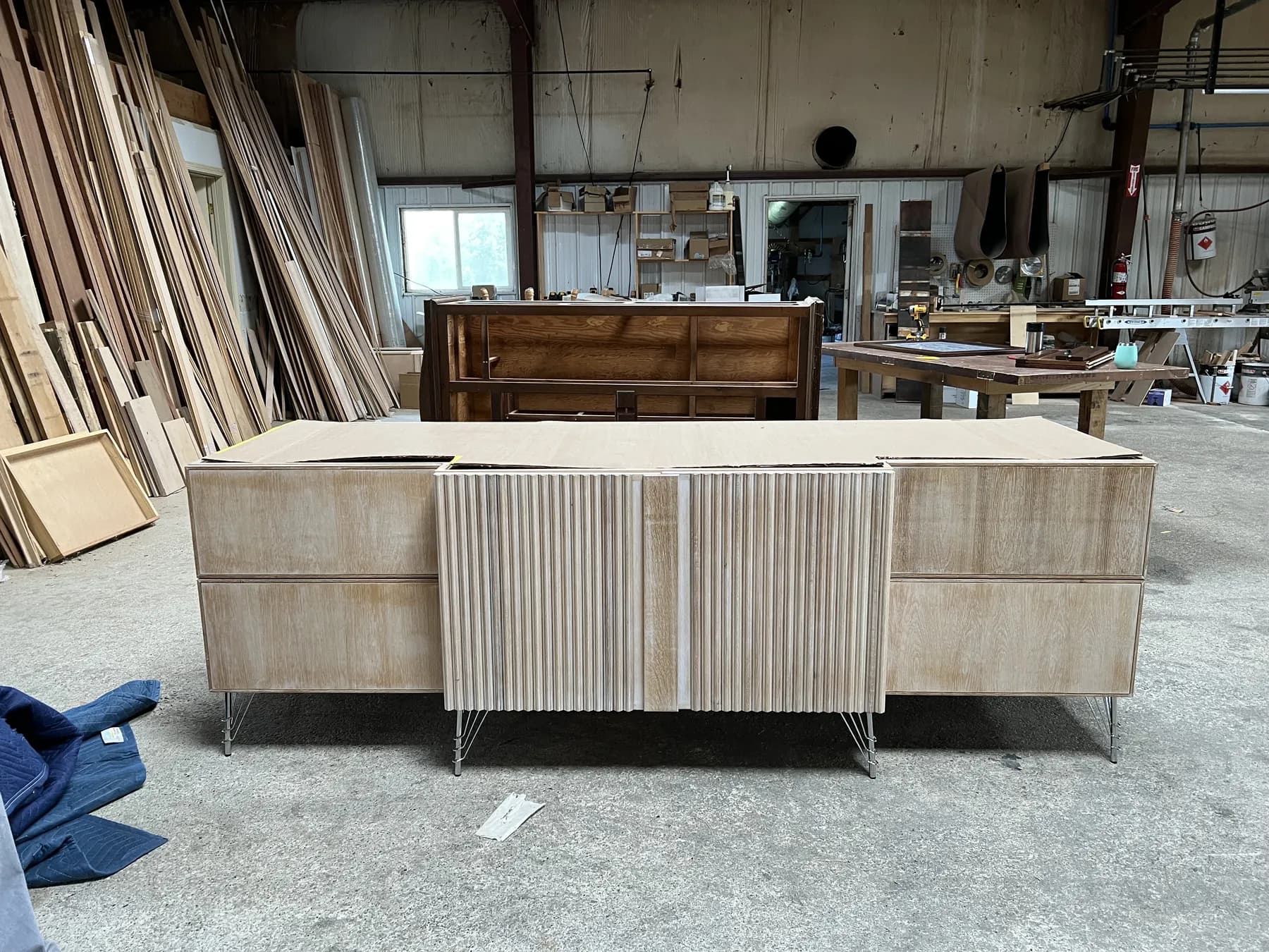 Reeded island carcass on the shop floor before finishing