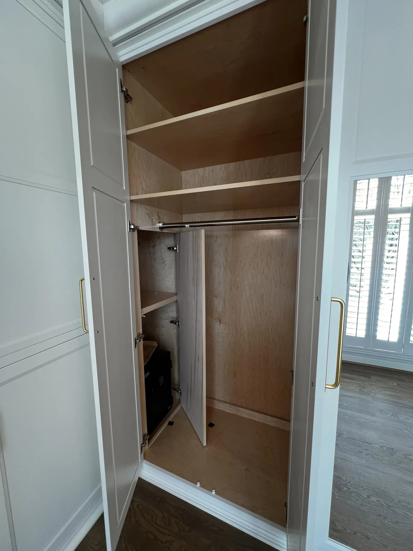 Hanging rods and shelves inside the painted closet